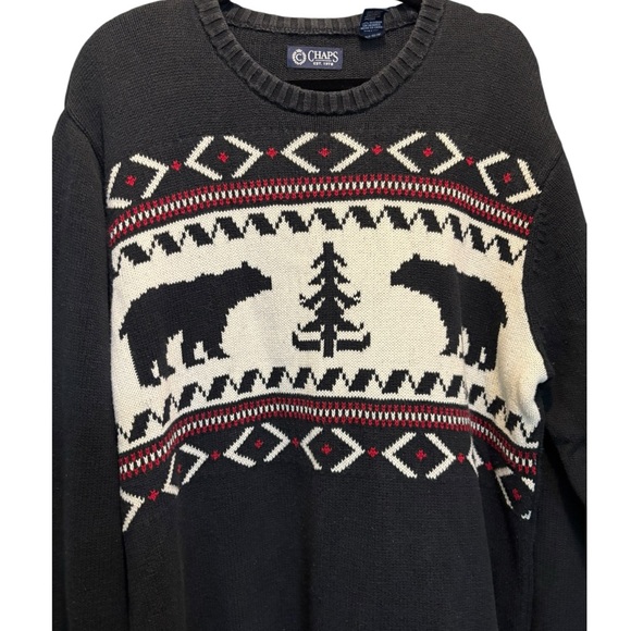Chaps Ralph Lauren Black Cream Bear Pattern Fair Isle Crewneck Sweater L Cotton - Picture 1 of 9